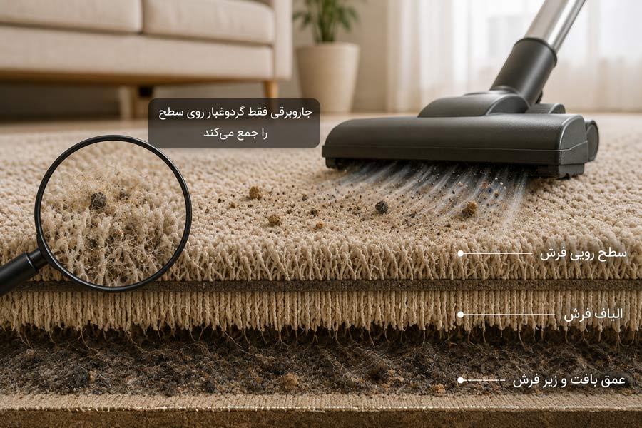 چگونه گردوغبار در عمق فرش جمع می‌شود و چرا با جاروبرقی کاملاً از بین نمی‌رود؟